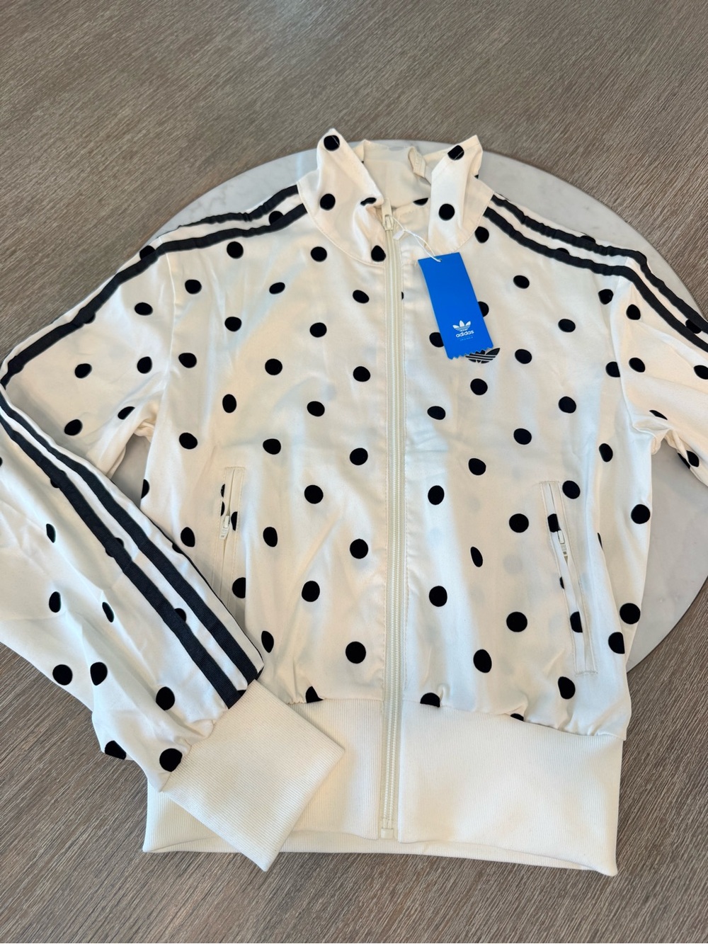 adidas White Jacket with Black Polka Dots and Black Stripes
